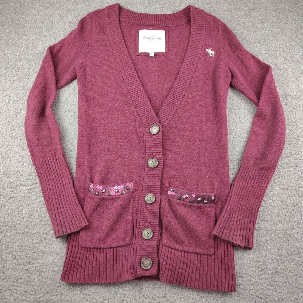 Y2K Abercrombie Cardigan Large Sequin Embellish Pockets Burgundy Rabbit Cotton